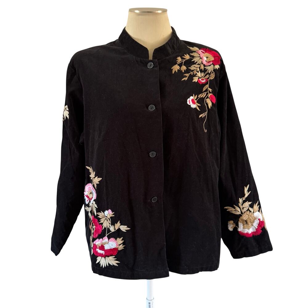 Y2K 2000s Black Velvet Floral Embroidered Jacket Plus Size 1X Cottagecore Granny